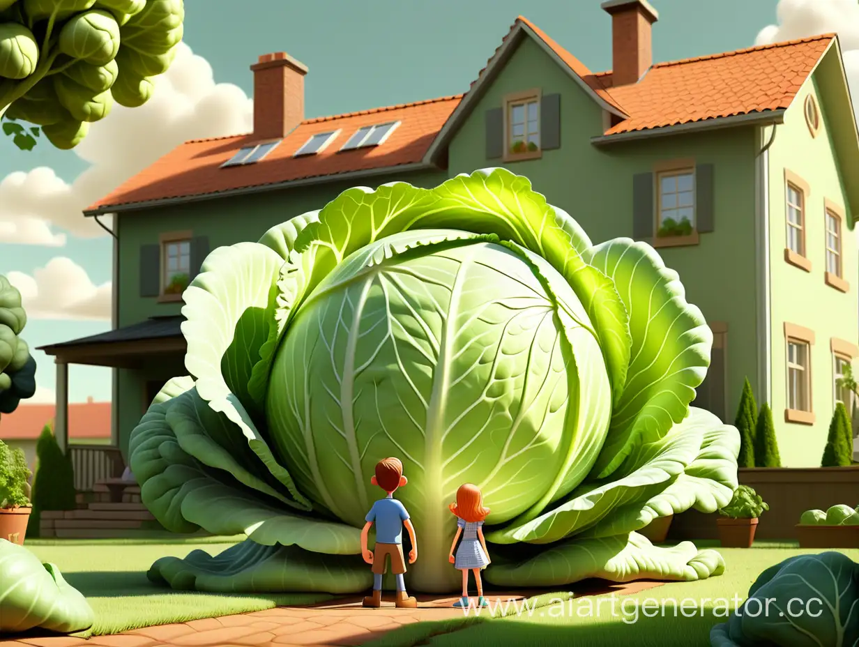 одна огромная капуста во дворе дачного дома растет в солнечный день, а на нее смотрит семья взрослые муж, жена и 1 ребенок спиной к камере на первом плане в полный рост  3d pixar