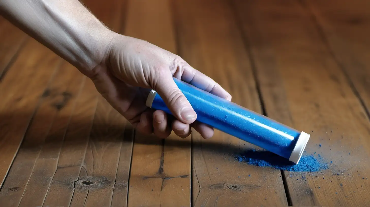 hand holding blue mini tube with dust inside on wood floor.