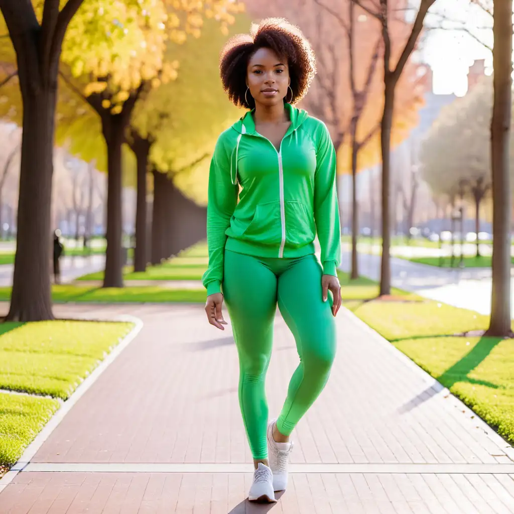 african american women, green, walking in park, gym clothes