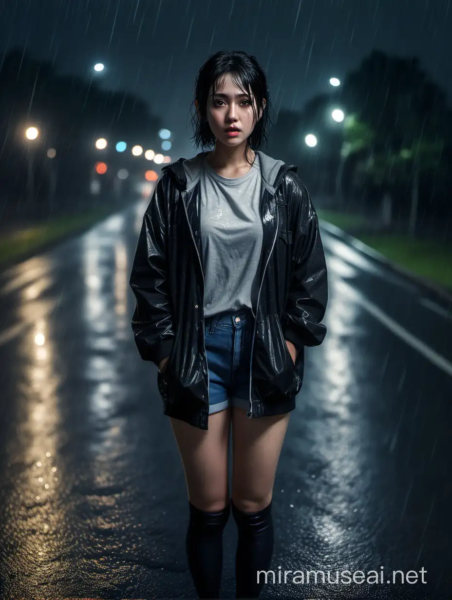 A 33 years old woman, casual clothes, long black sock, round face, round eyes, small lips, black hair, standing, raining, on the middle of the road, wet, midnight, gloomy atmosphere, volumetric light, dynamic lighting, 8K resolution