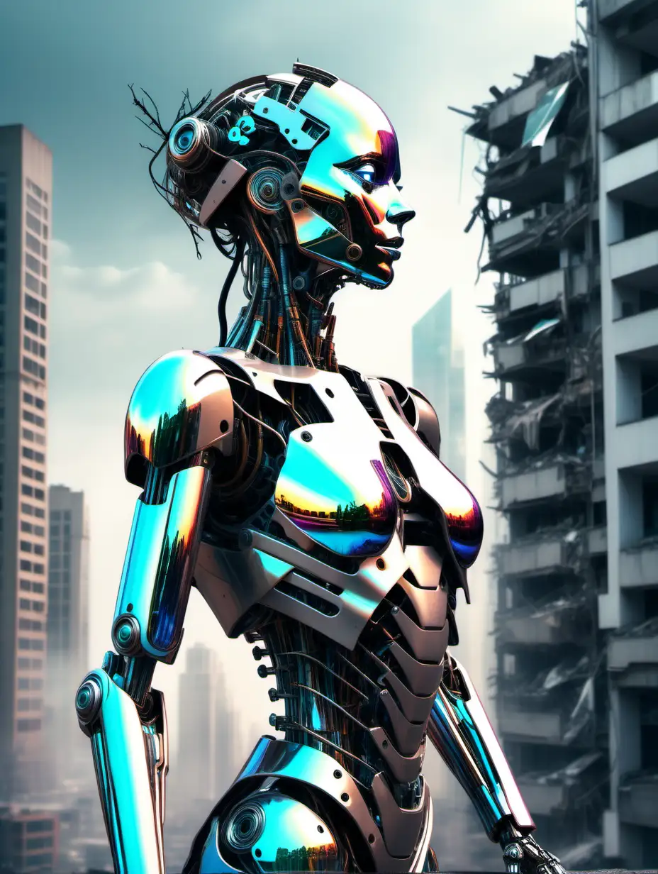 Iridescent Humanoid Robot Amidst Collapsed Dystopian Cityscape