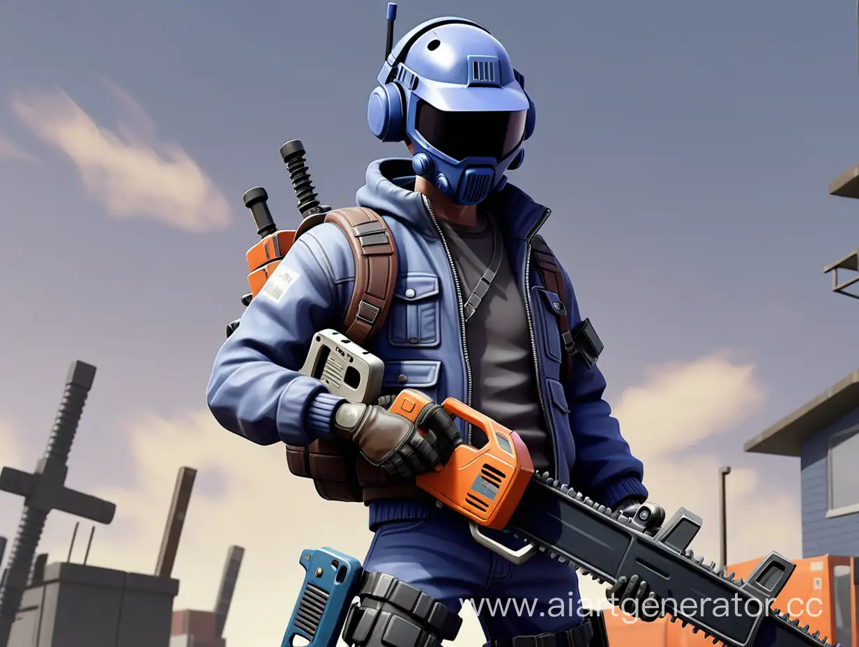 Man-in-Exoskeleton-Suit-with-PUBG-Helmet-and-Chainsaw-under-Pixelated-Indigo-Sky