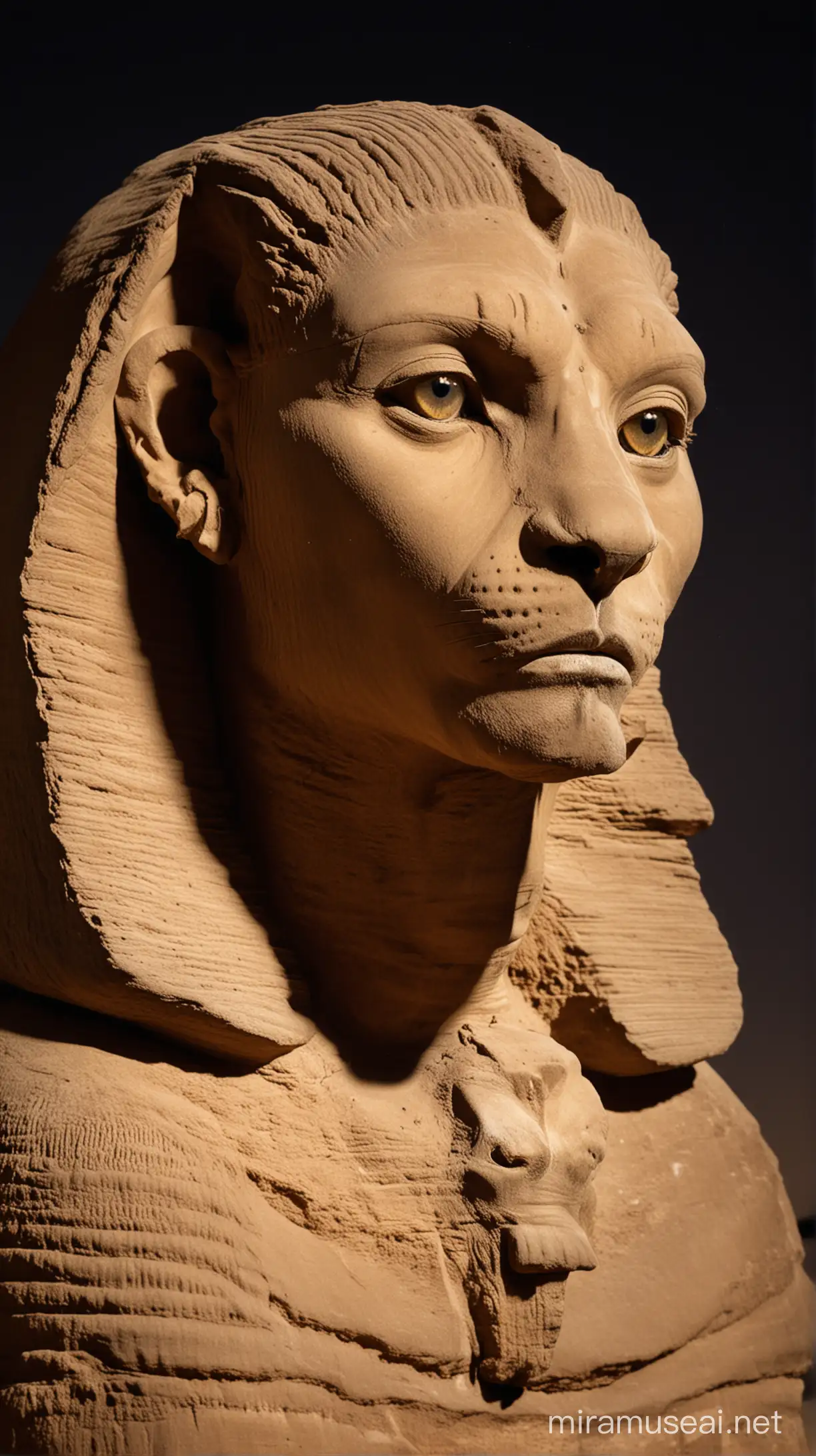 A mysterious Sphinx, above neck human and below neck-lion, with piercing eyes that seem to glow in the darkness.