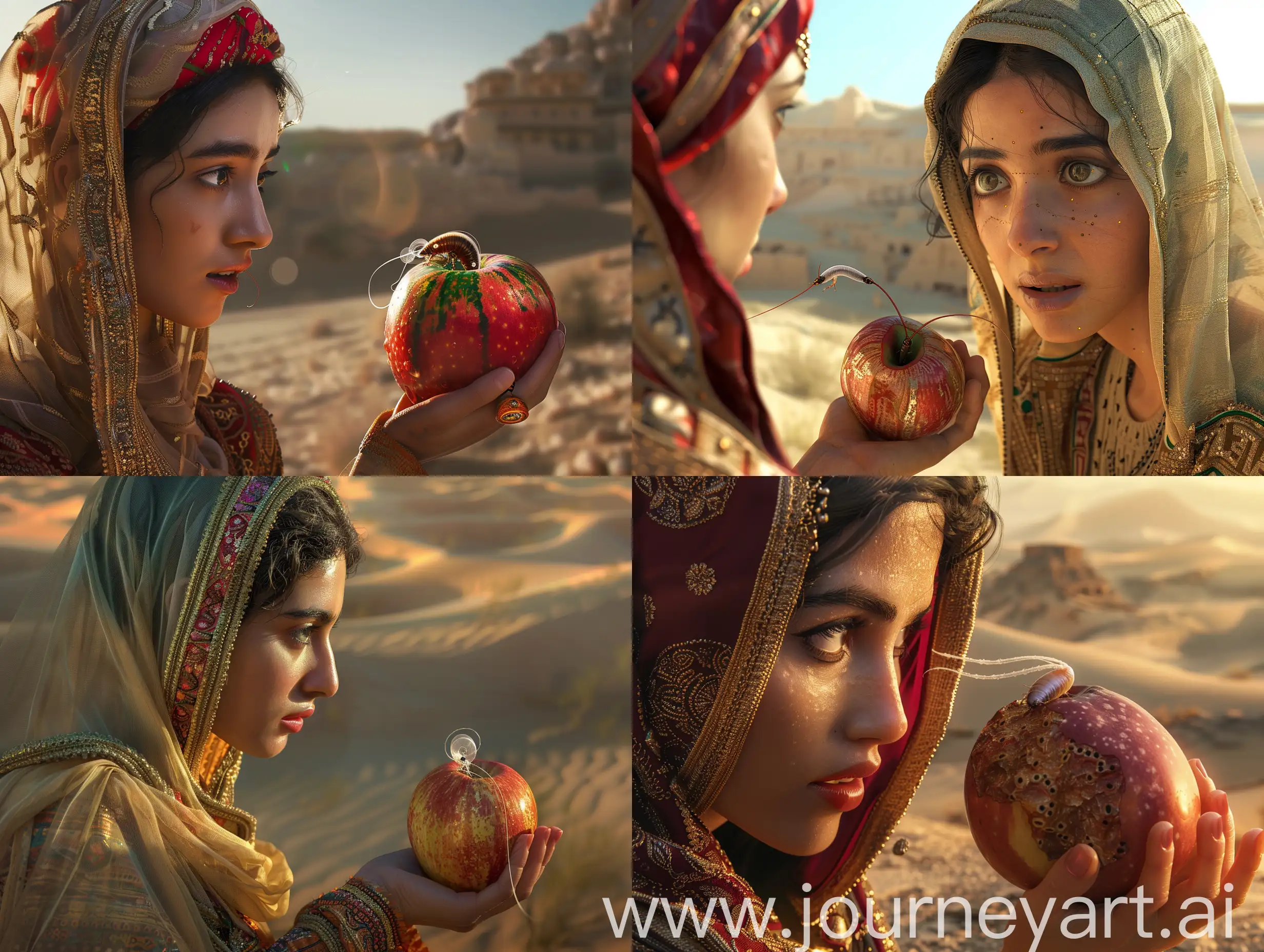 A silkworm bore a hole in an apple the size of a watermelon and came out of that hole. This apple is in the hand of a young Persian woman dressed in traditional clothes and looking at the worm with disgust. in a desert, in an ancient civilization, cinematic, epic realism,8K, highly detailed, bird's eye view, backlit, glamour lighting