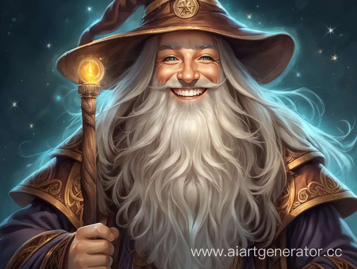 portrait of a wizard with a long beard but smile like a kid