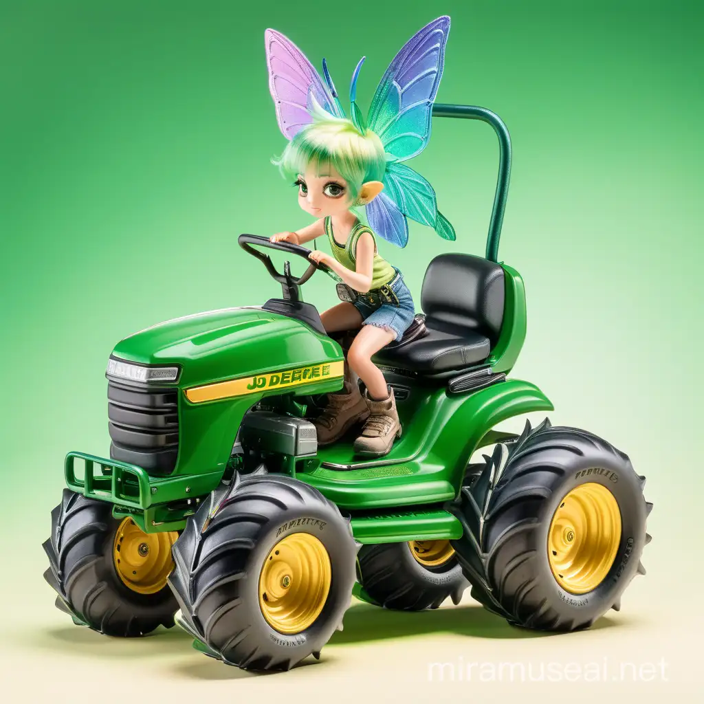 Tiny mimiature  female pixie   with green hair and iridescent wings using a miniature ladder to climb up onto a  giant- sized John Deere riding lawnmower