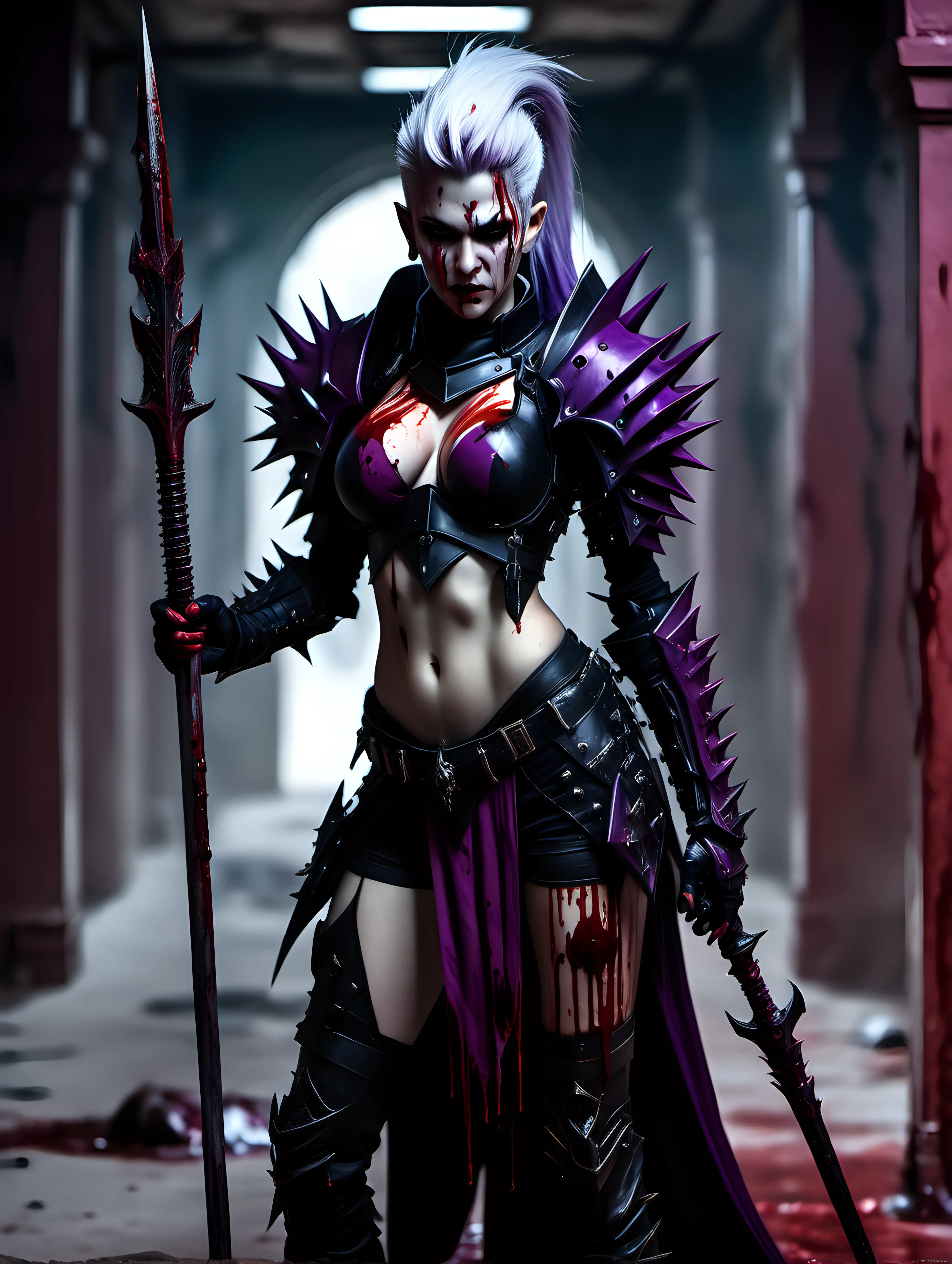 Portrait of drukhari female standing with a spear with blood dripping from the tip of the spear.
Wears elegant heavy spiky black and purple armor. Dark eyes. White hair.
Standing in an relaxed pose. intense look on face.
Bloodred corridor in background of image.