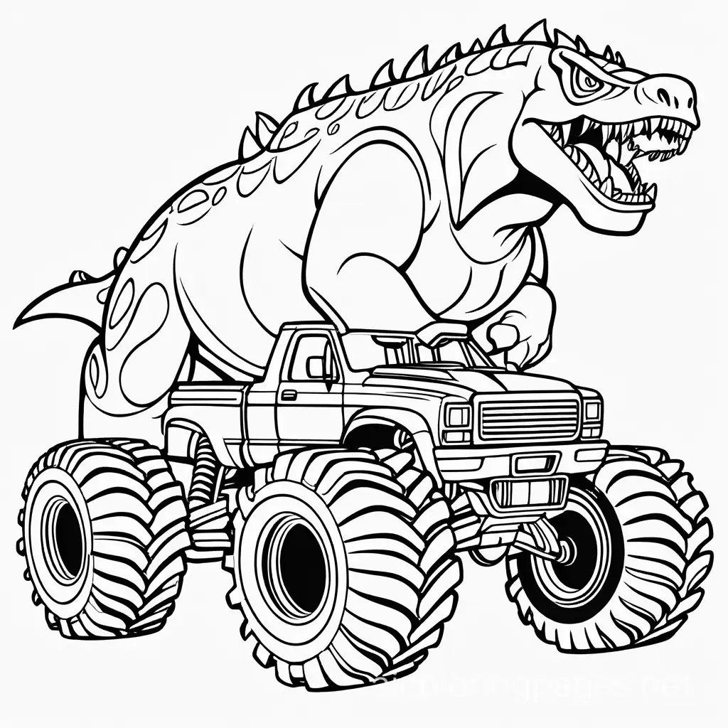 Coloring Page Of Magalodon Monster Truck, Coloring Page, black and white, line art, white background, Simplicity, Ample White Space. The background of the coloring page is plain white to make it easy for young children to color within the lines. The outlines of all the subjects are easy to distinguish, making it simple for kids to color without too much difficulty
