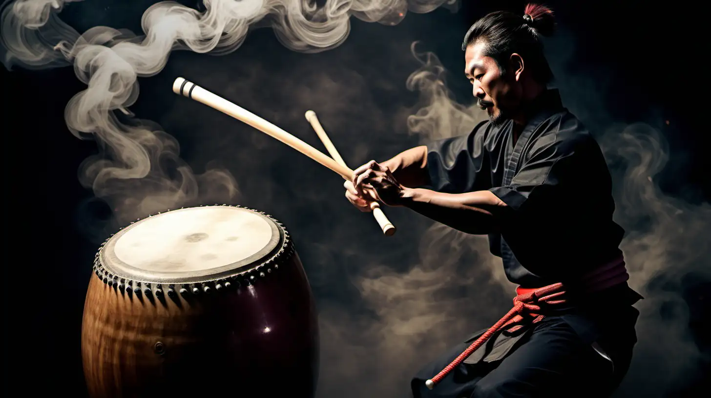 taiko drum in action with a drummer, Japanese style, dark palette, smoke,mistery
