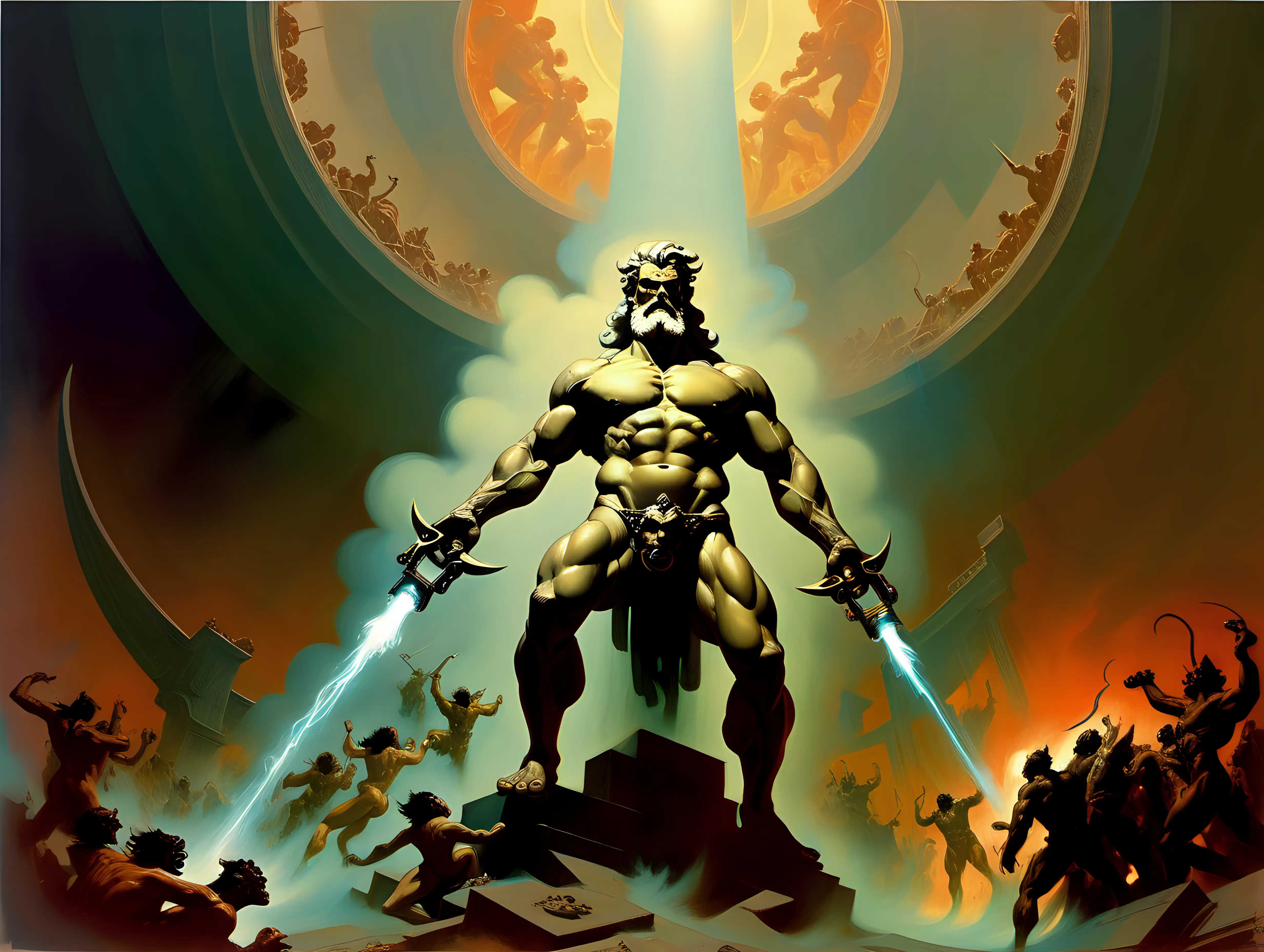 Zeus destroying  Hell in style of cyberpunk by frank frazetta