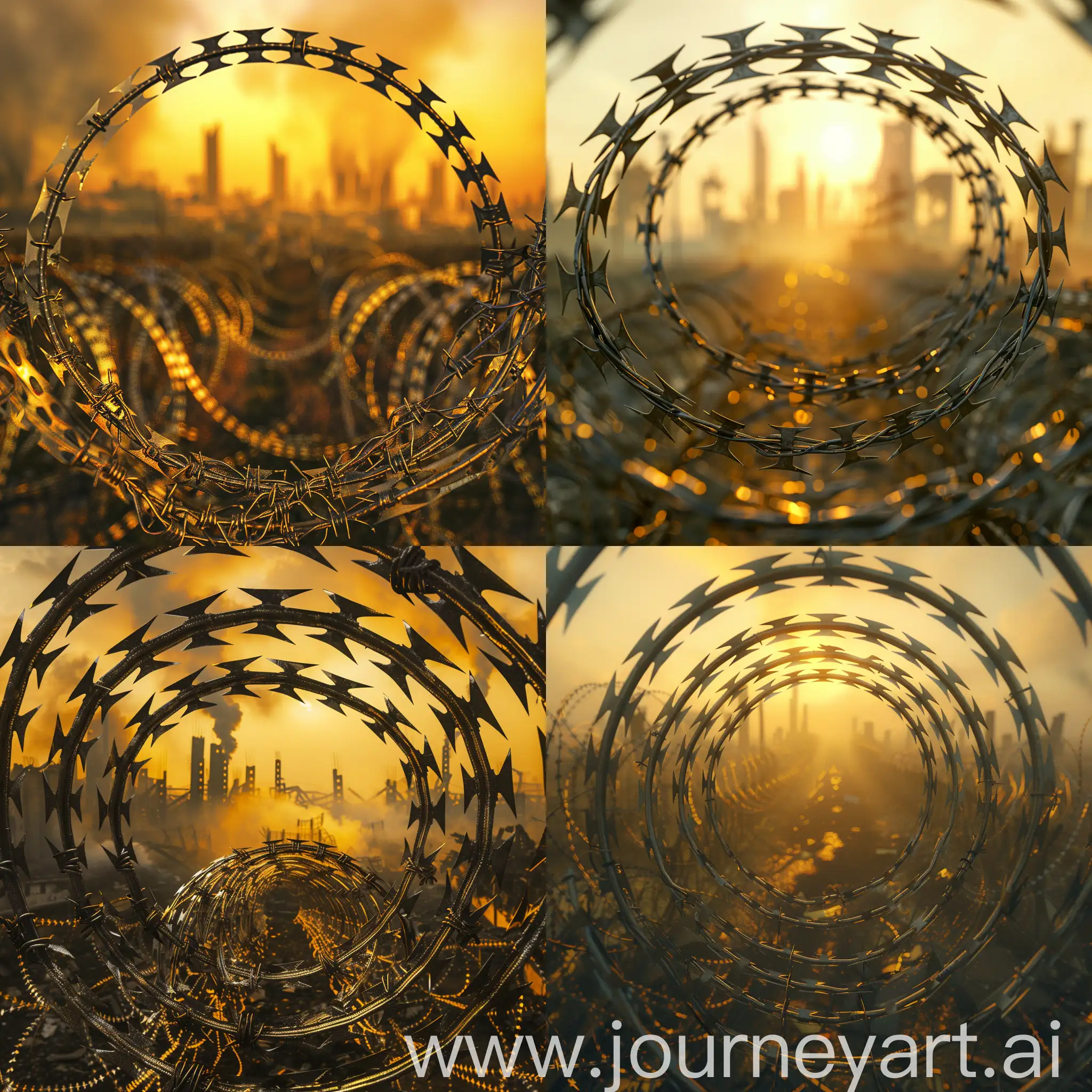 close-up of many razor barbed wire fences forming a circle, in the background a destroyed city at dawn, yellow tones, smoke columns, metallic reflections, see barbed wire fences in a complete circle