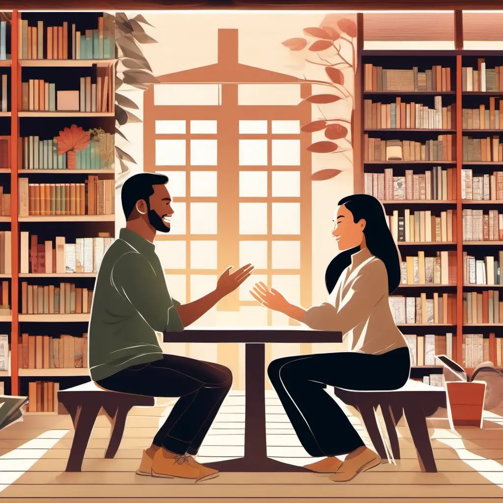 Two individuals, a Caucasian man and an East Asian woman, meeting and smiling at each other in a cozy bookstore, surrounded by books on meditation and personal growth, creating an atmosphere of shared interests and discovery.