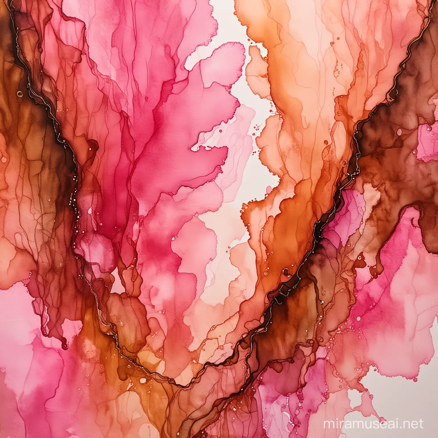 Vibrant Alcohol Ink Abstract Art in Pink Light Pink Brown and Ochre Colors