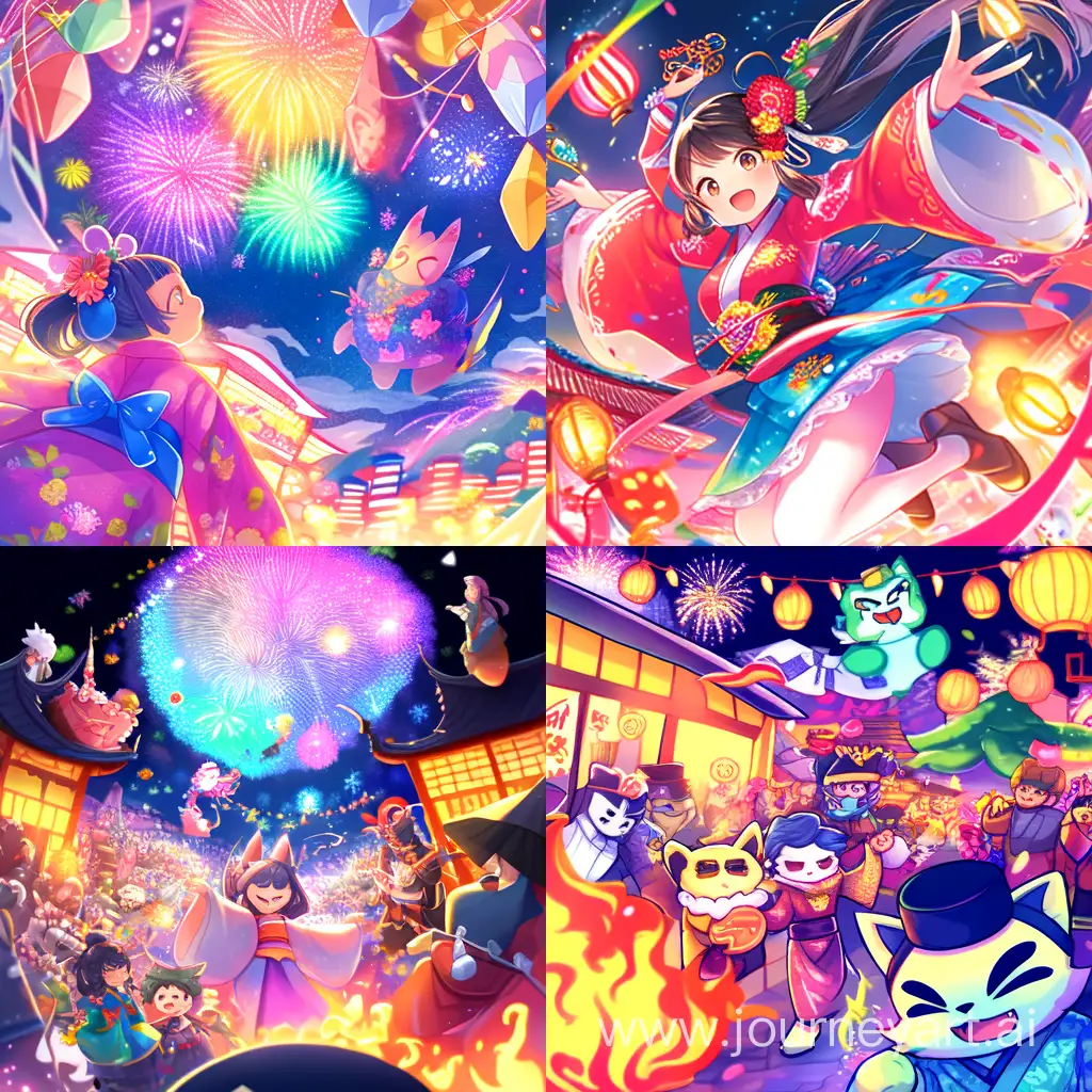 Colourful cartoon style, midnight new year celebrations