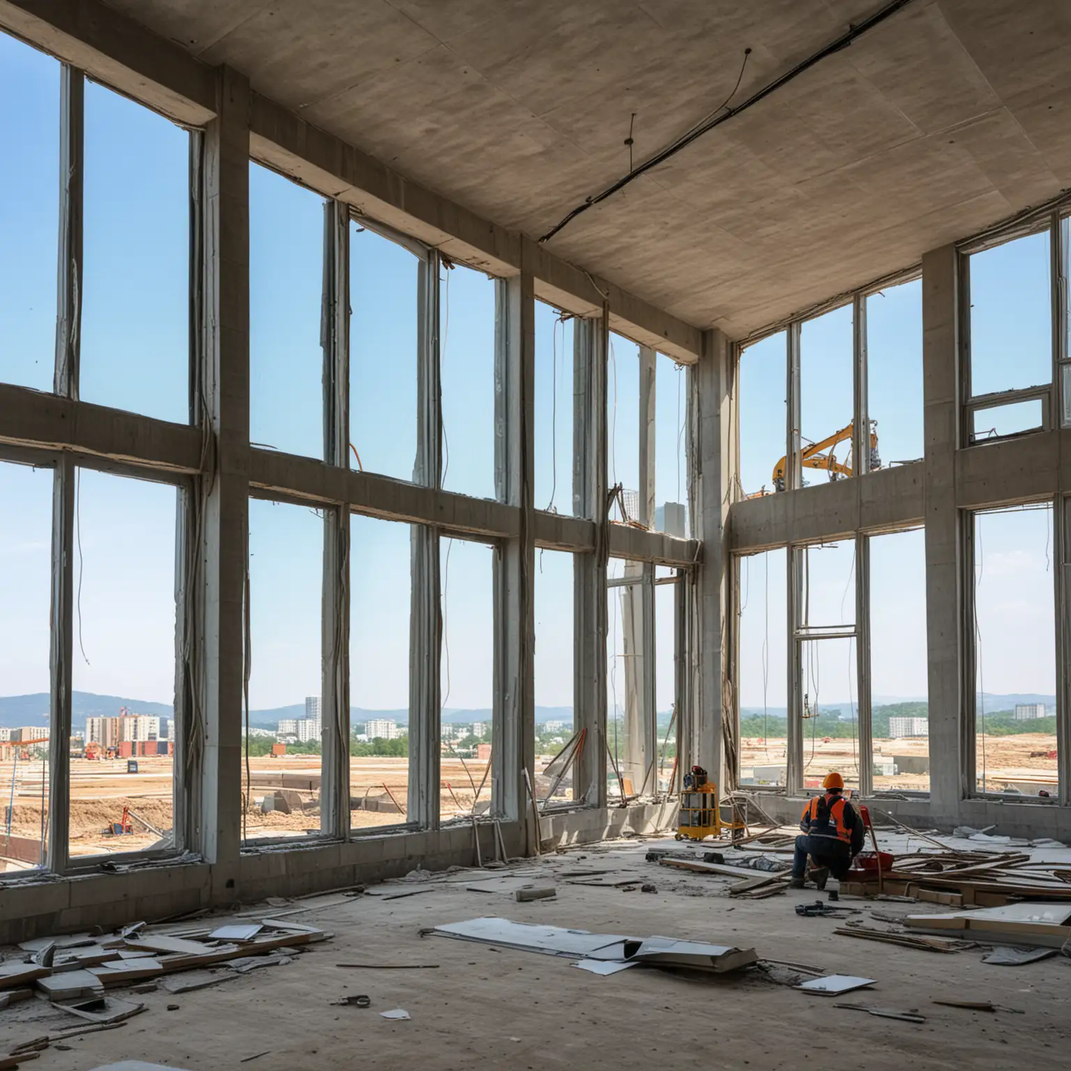 Inside modern building under construction, engineers working in background, blue sky through windows
