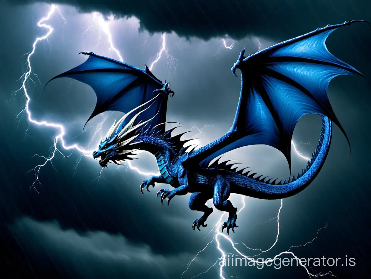 blue dragon with wings and a long tail flying during a thunderstorm