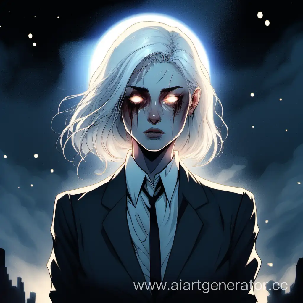 уставшая с белыми отросшими волосами девушка с синяками под глазами, ожогом на всю руку в  костюме на фоне светящегося лунного камня. мрачно. в полный рост