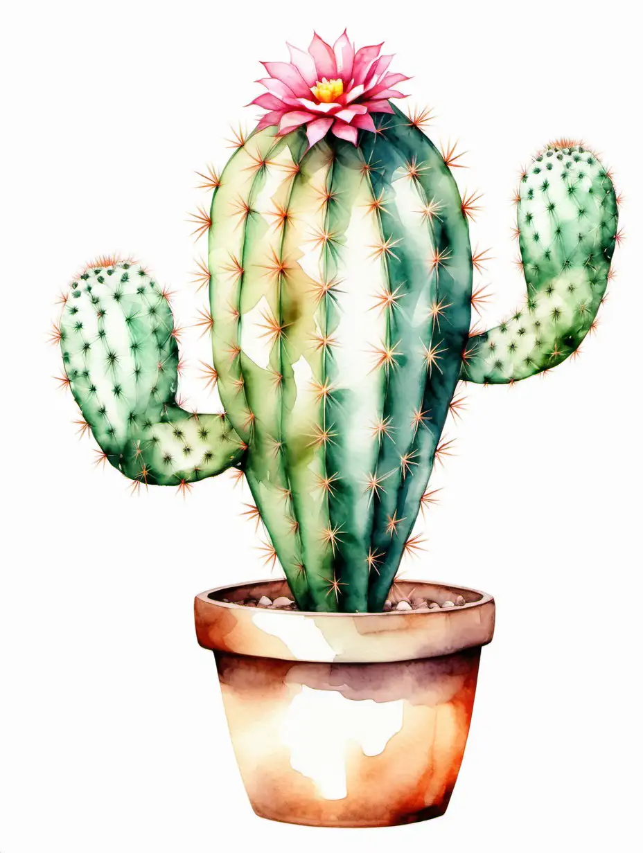 Vibrant Watercolor Single Cactus Clipart on White Background