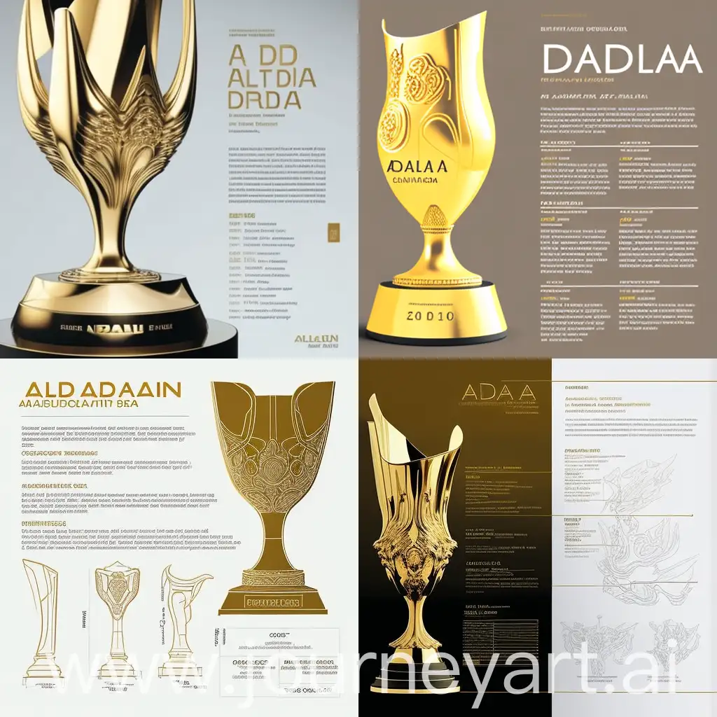 desain brosur piala dengan tulisan AIDA TROPHY PACITAN dengan warna emas dan contoh piala piala
