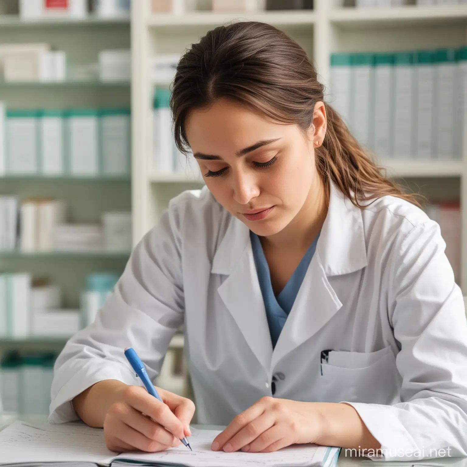 Emotional Pharmacist Reflecting in Diary with Tears