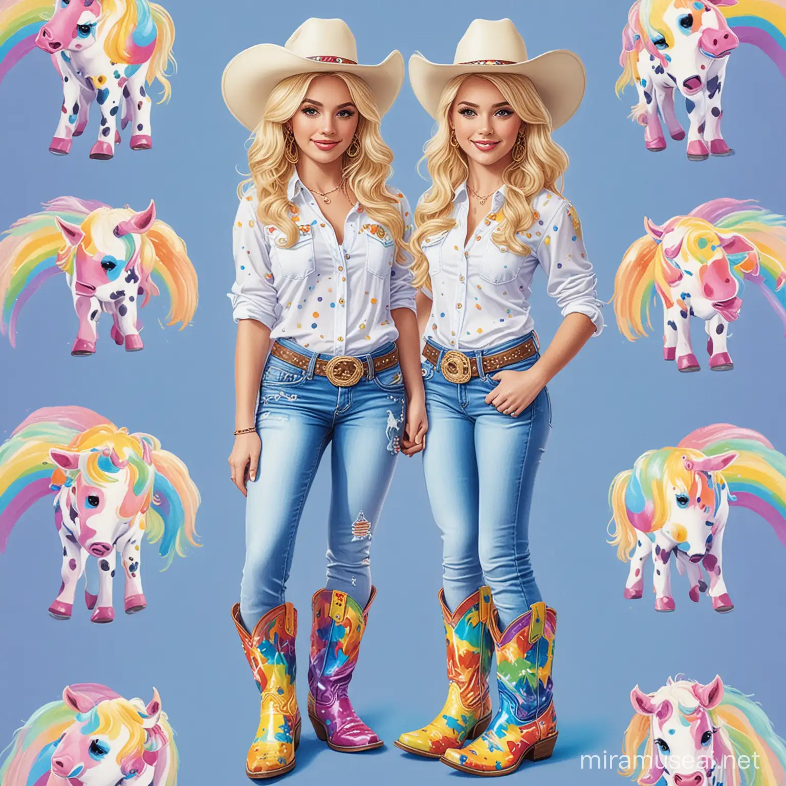 LISA FRANK INSPIRED CARTOON ILLUSTRATION OF A BLONDE GIRL, WEARING A BLUE AND COW PRINT COWBOY HAT , SHE IS WEARING A WHITE SHIRT AND JEANS WITH RAINBOW COWBOY BOOTS IN THE ART OF LISA FRANK