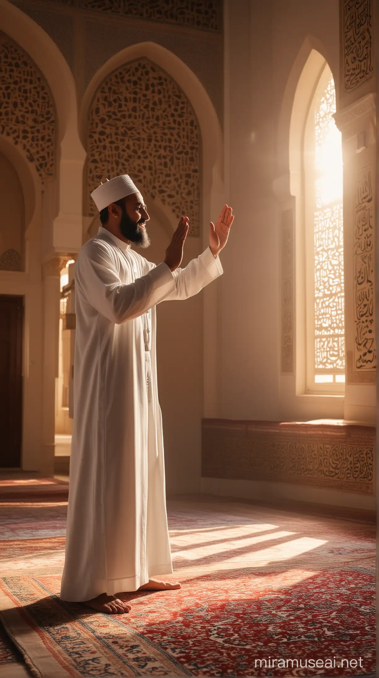 Prophet Muhammad and Hamza in Peaceful Mosque Scene Declaration of Faith in Warm Light