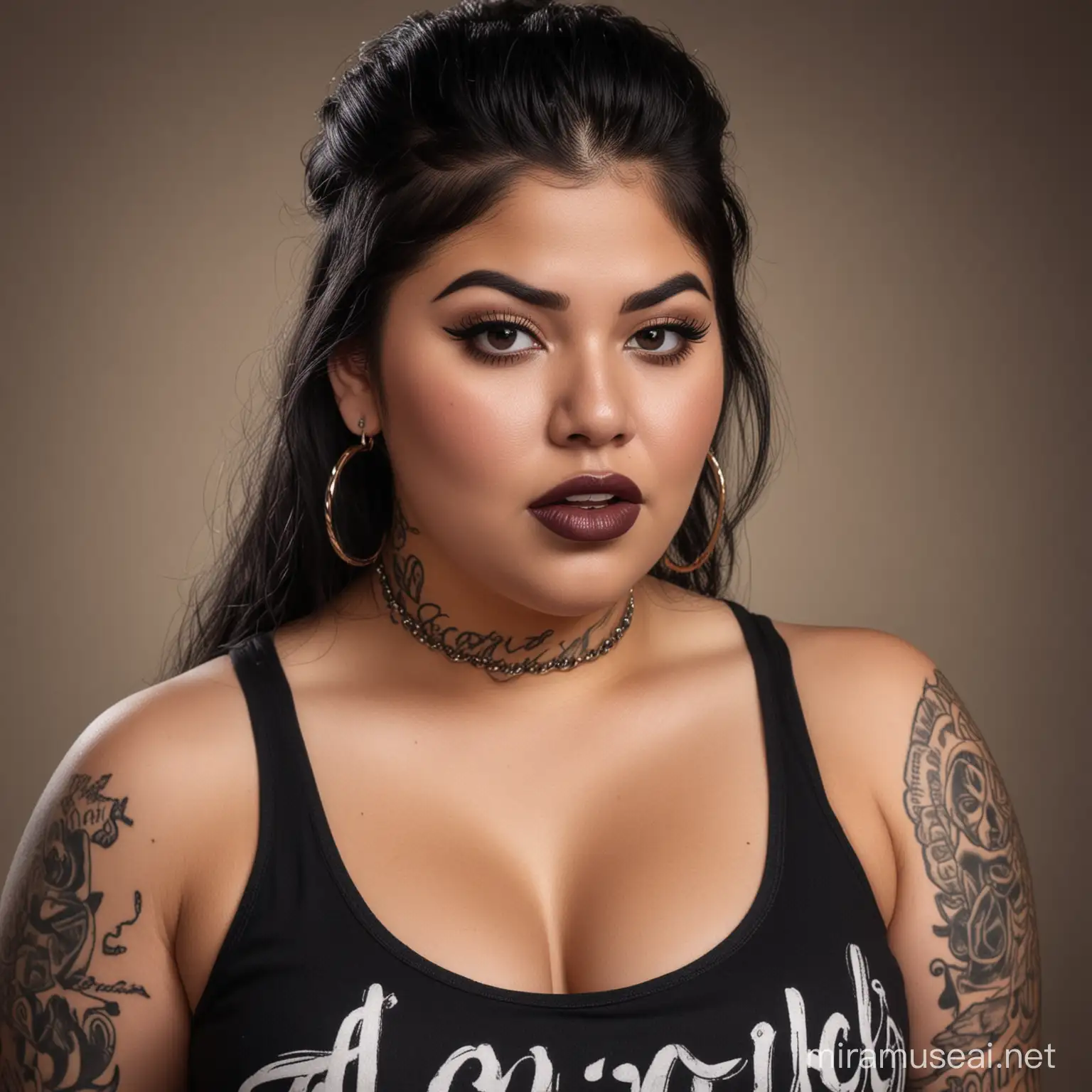 photo realistic, beautiful, obese, chubby, Mexican woman, black lipstick, hoop earrings, attitude expression, long black hair. tattoos, chola. black tank top. Snarl growl expression