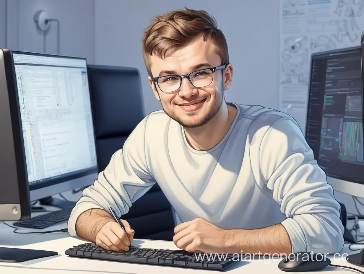 счастливый российский программист 30 лет с короткими волосами сидит за компьютеров в офисе и работает над проектом Здравоохранение