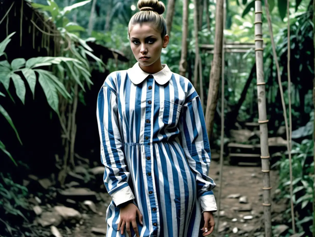 A busty prisoner women (20 years old) stand in a jungle tribal village  in dirty blue-white vertical wide-striped longsleeve buttoned gowndress (white rounded collar, hair in a bun) head-to-knee view