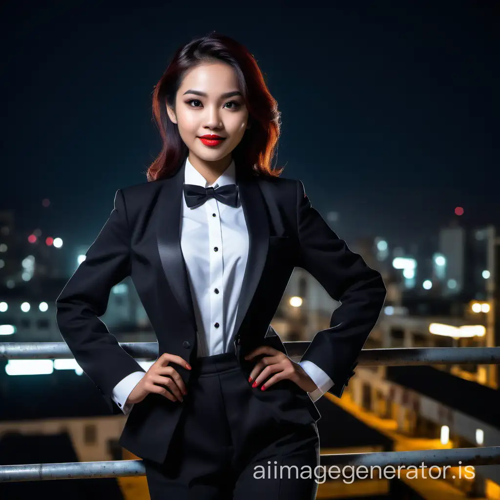 It is night. A cute and sophisticated and confident Indonesian woman with shoulder-length hair and lipstick. She is facing you while walking toward the edge of a scaffold. She is wearing a black tuxedo with a black jacket. Her shirt is white. Her bowtie is black. Her cummerbund is black. Her pants are black. Her cufflinks are black. She is smiling and laughing. She is relaxed. Her jacket is open.