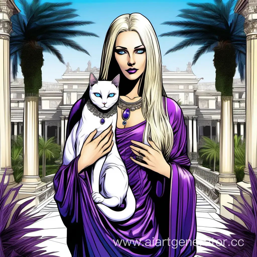 Roman-Empress-with-PlatinumGolden-Hair-and-Silver-Jewelry-Holding-a-White-Cat-in-Palace-Gardens