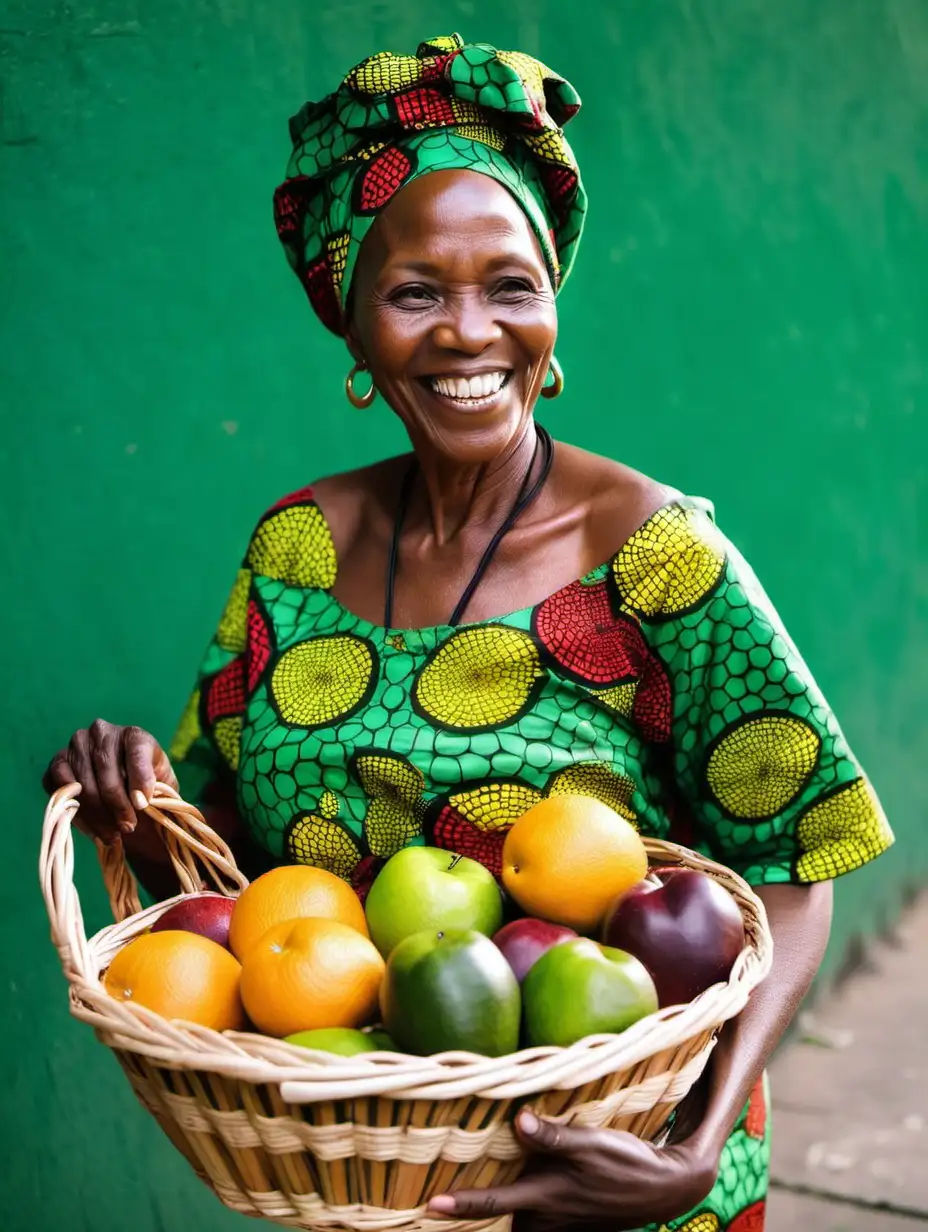 Happy African Woman Fruit Vendor Holding Colorful Basket