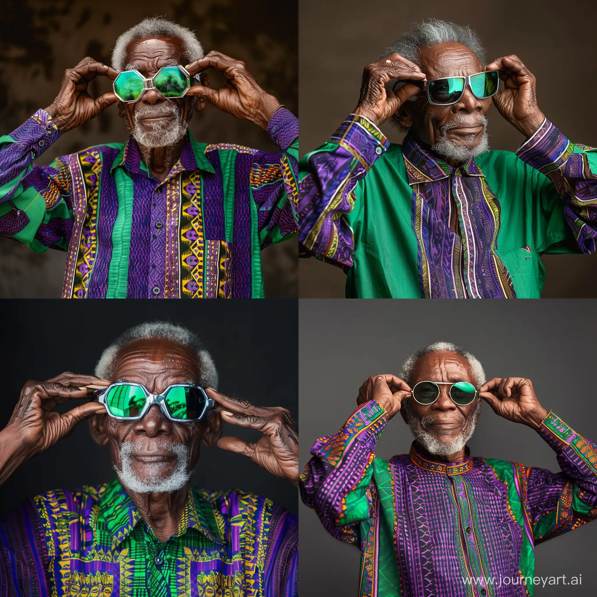 Old man adjusting his clea r reflective glasses. He’s wearing and emerald and purple Ankara shirt
