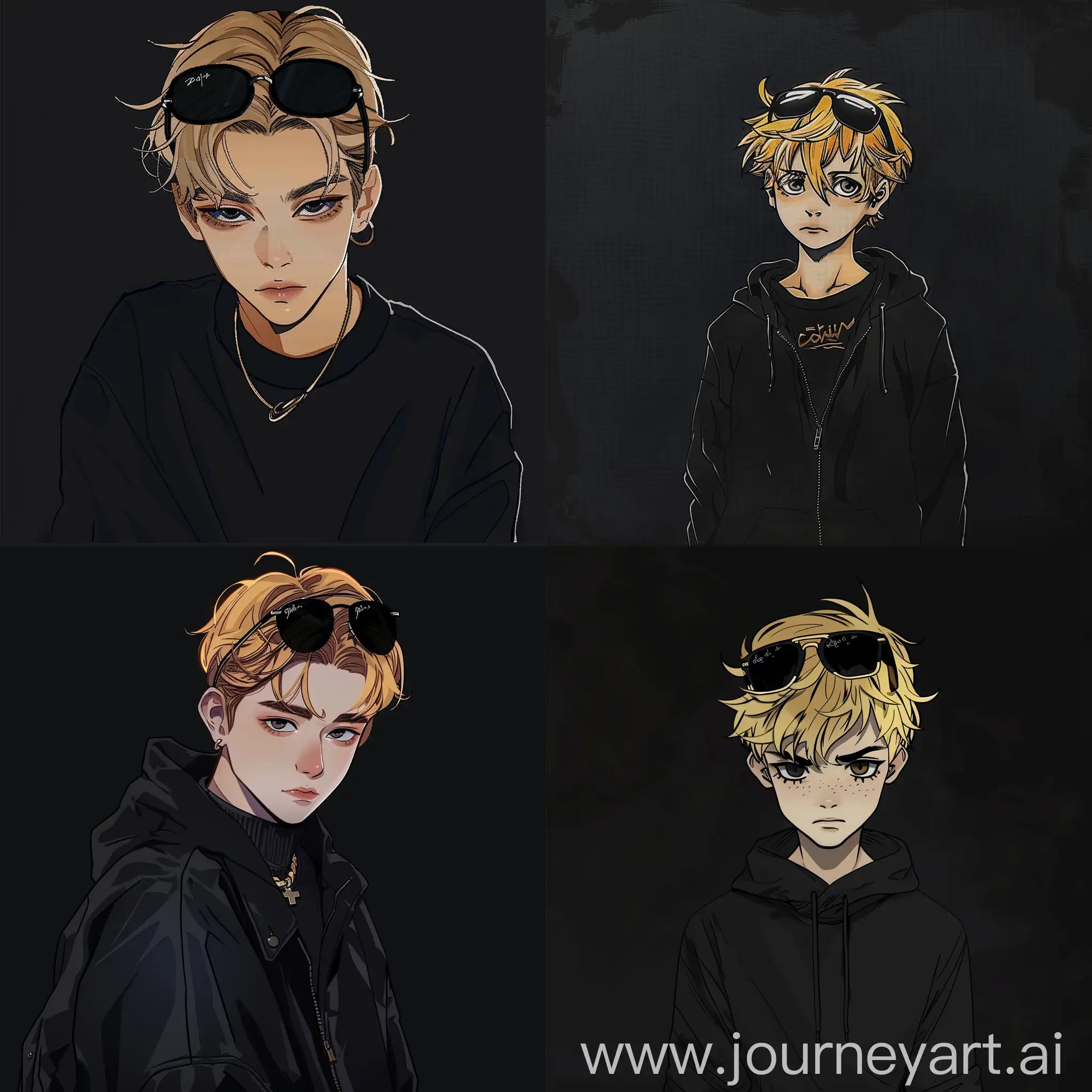 black background, teenage boy, teenager boy, blonde hair, sunglasses on his forehead, black outfit, animated drawing