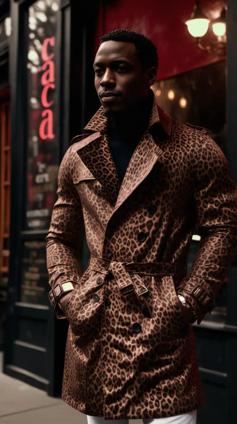 Handsome, Slim, African American, man, wearing, short, hairstyle, wearing Black, Leopard skin, Trench coat, wearing Crimson colored, sweater, wearing white denim, standing outside of Cigar lounge, in Brooklyn NY, Ultra 4k, high definition, 1080p resolution, lighting is volumetric