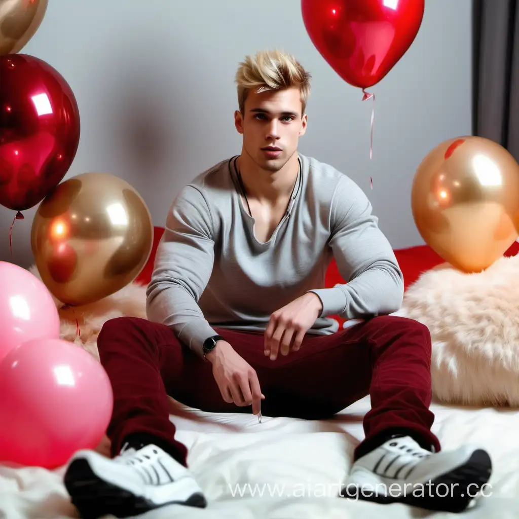 Young pumped up sexy guy 25 years old. blond. sits on a big bed with fur cushions. he is wearing warm sporty warm sports shoes in tight on shaky legs. ruby necklace around his neck. on the floor balloons and gifts .candles. lights. fairy tale.