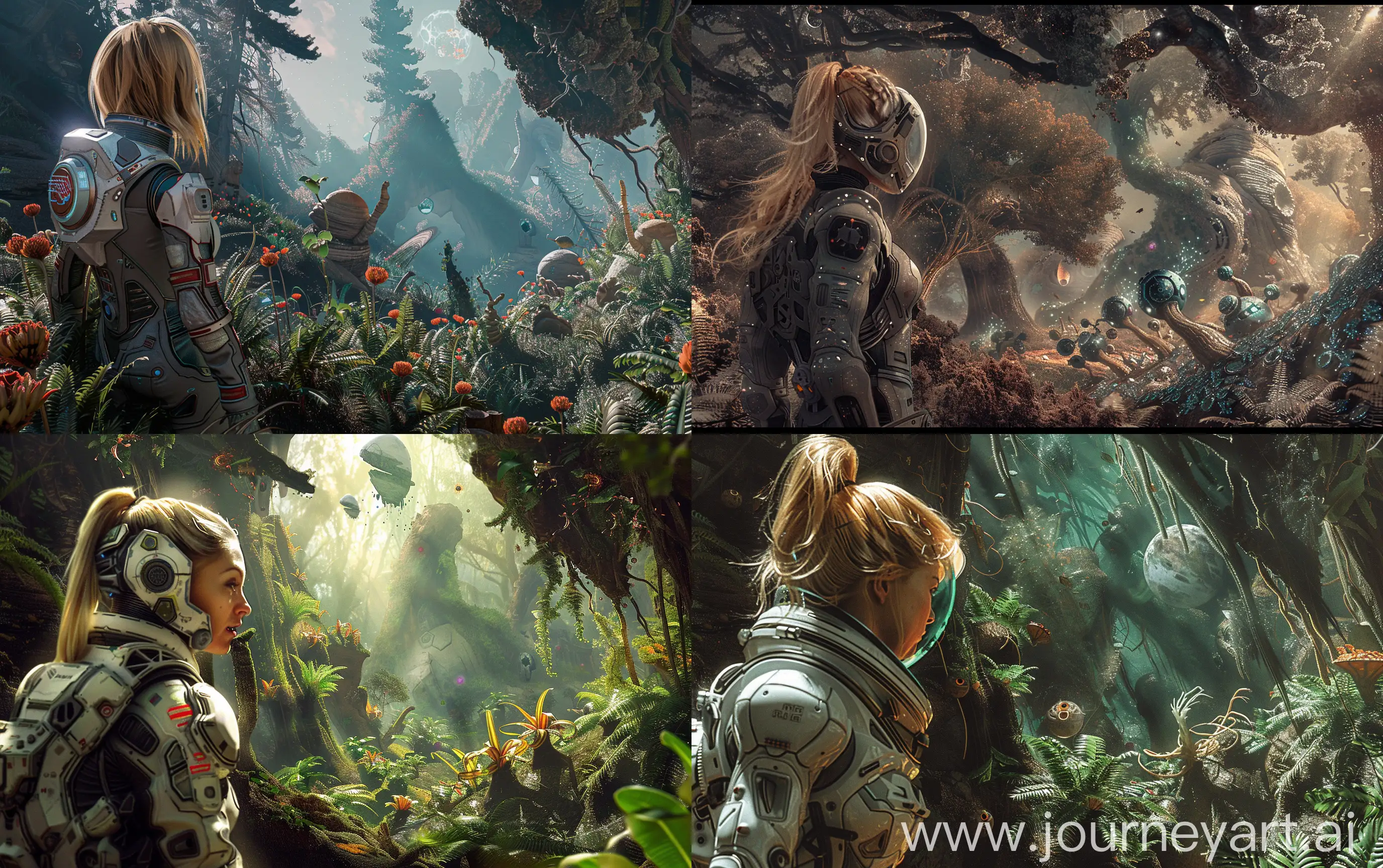 An attractive fair hair female in future spacesuit is observing a mystierious planet in a fantastic forest with strange sci-fi plants, fantastic friendly life forms at the distance, super realistic, cinematic --ar 16:10