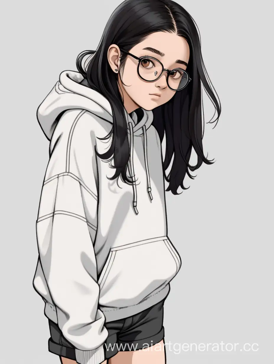 An 18-year-old girl with black hair fading to green at the bottom, slightly below shoulder length. Slightly curvy, wearing white glasses with brown eyes, in a black hoodie and extended shorts, height 165 cm.
