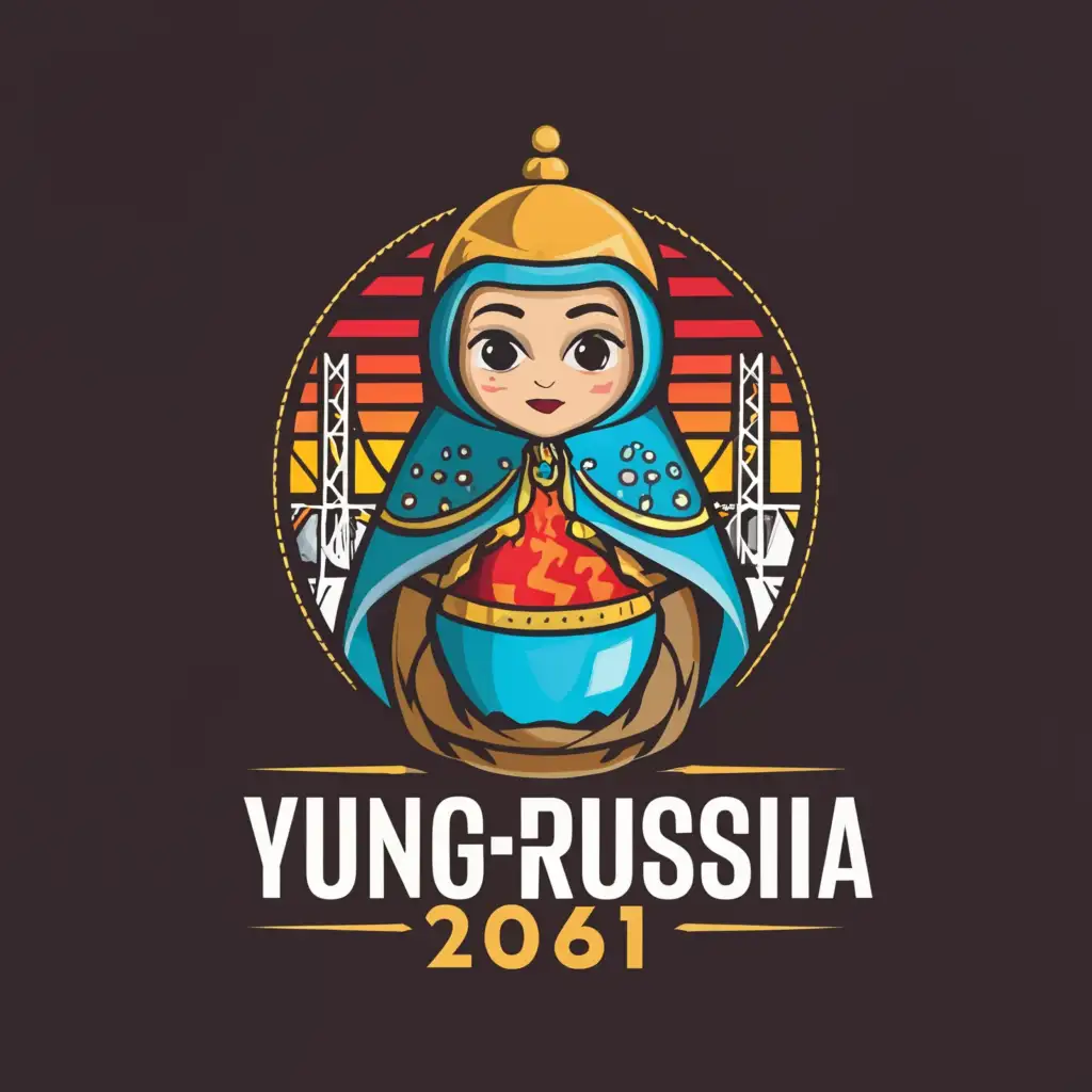 a logo design,with the text "YUNGRUSSIA 2061", main symbol:One beautiful russian girl matreshka 
with a San-Fransisco Golden Gate bridge on a background with mountains,Moderate,clear background