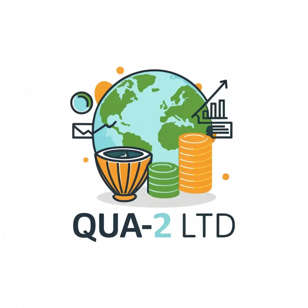 logo, map of the globe with African drum and a chart and graph with up trending numbers, with the text "Qua-2 Ltd.", typography, be used in Finance industry
