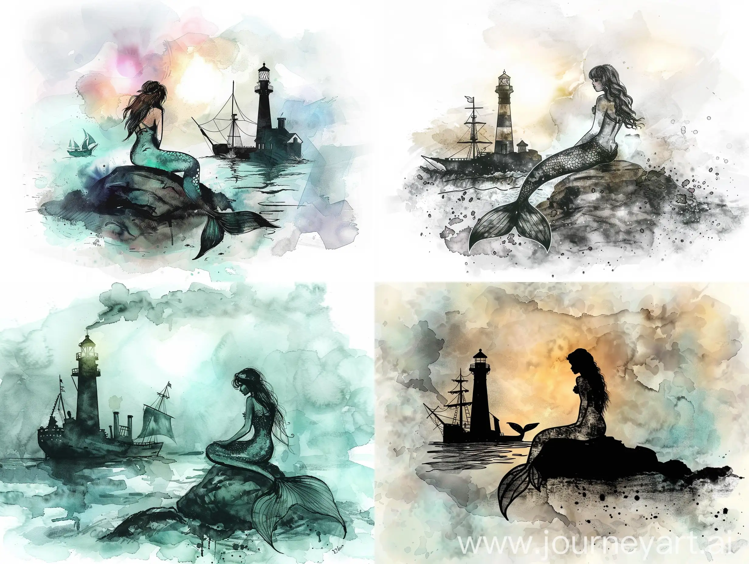 Serene-Mermaid-Sitting-on-Rock-by-Ship-and-Lighthouse