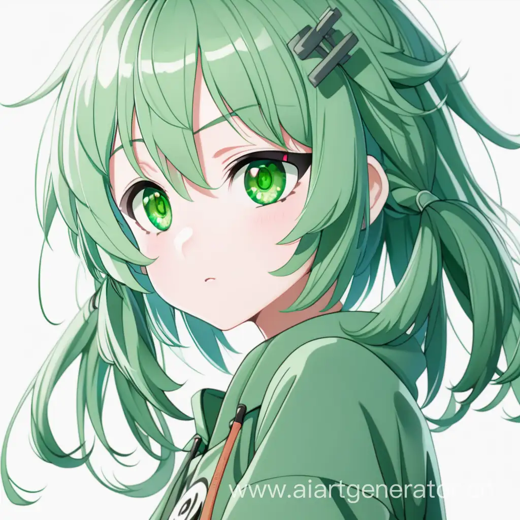 Anime girl in green clothes and green hair and green eyes