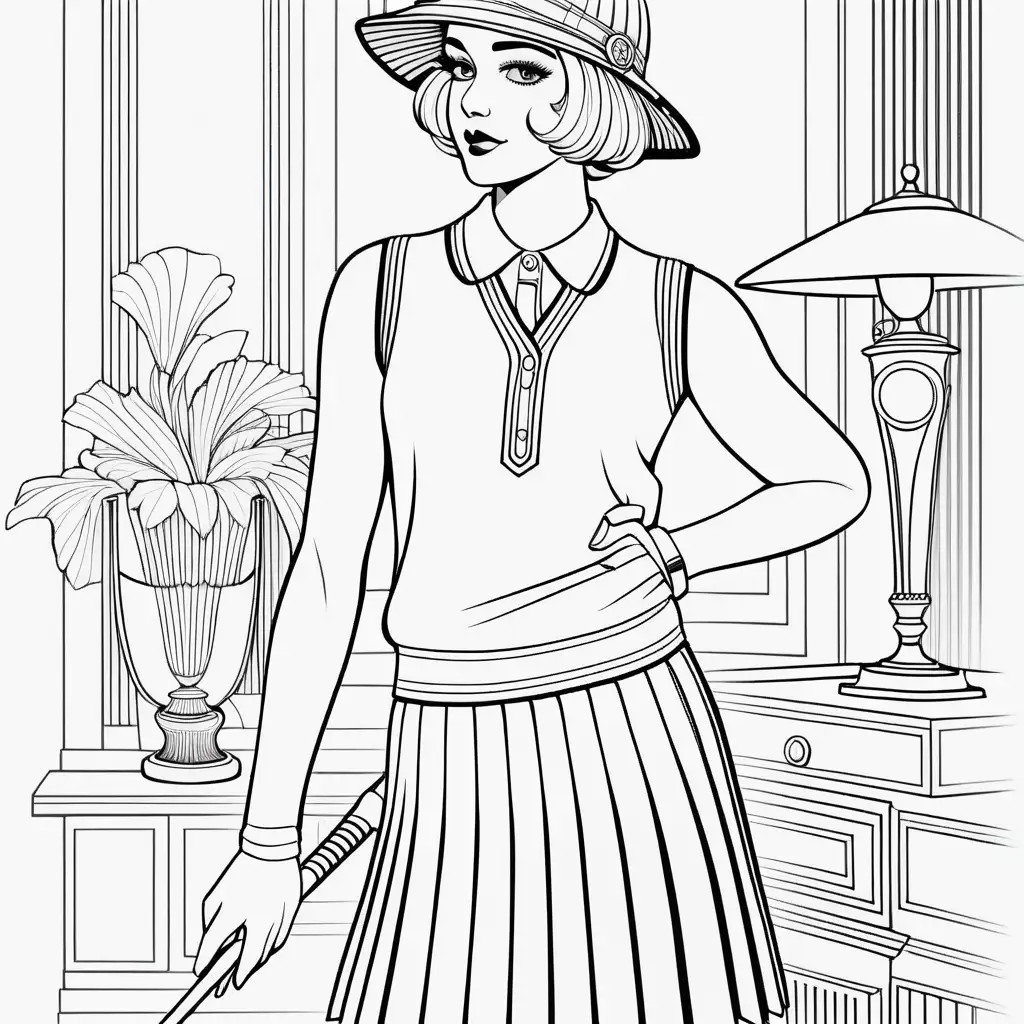 Coloring Page with a white interior with A sporty golf attire with a lady in a pleated skirt, a sleeveless sweater, and a cloche hat, representing the chic and athletic fashion of the 1920s.