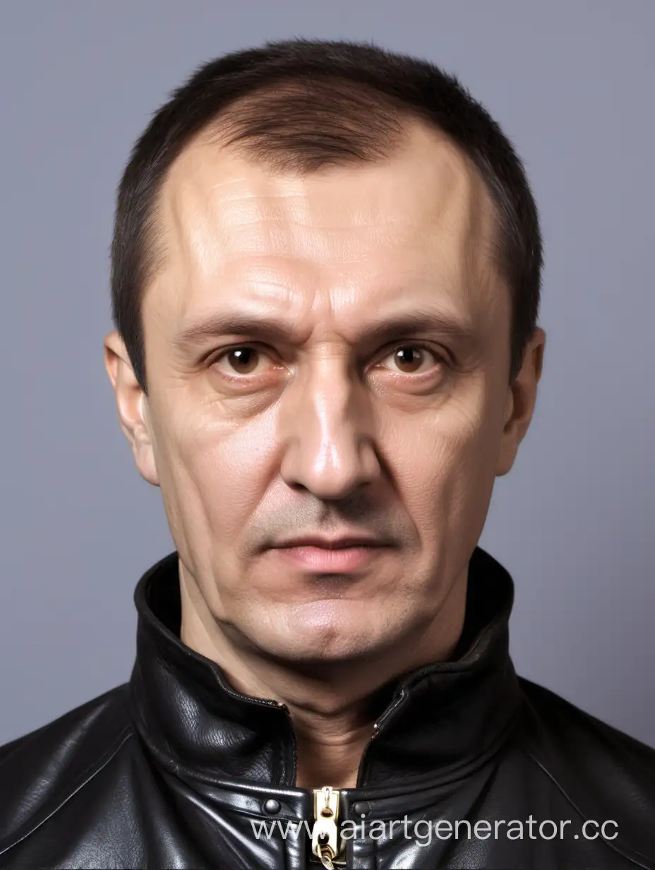 Русский Мужчина 45 лет с короткой аккуратной прической одет в черный кожаный бомбер (Фото паспорт)