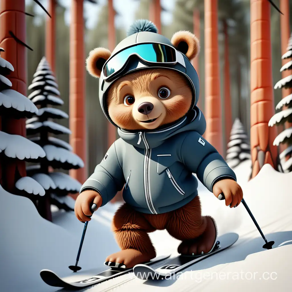 Magnificent little bear in a luxurious ski suit on cool skis, gliding through the ski trail in a beautiful pine forest
