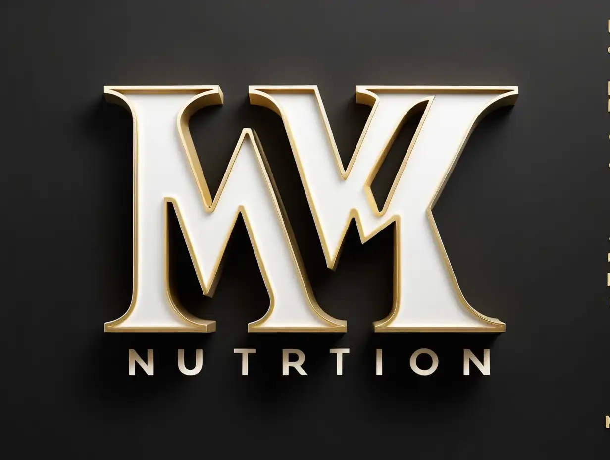 Logo made of letters MK, white letters on black background, gold writing Nutrition below 