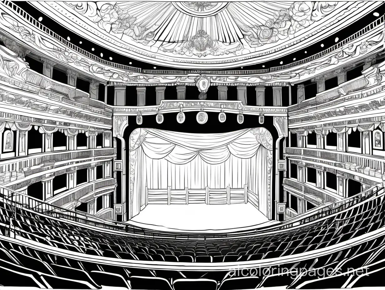 Russian Alexandrinsky theatre. View from inside from higher levels. Stage and stalls., Coloring Page, black and white, line art, white background, Simplicity, Ample White Space. The background of the coloring page is plain white to make it easy for young children to color within the lines. The outlines of all the subjects are easy to distinguish, making it simple for kids to color without too much difficulty