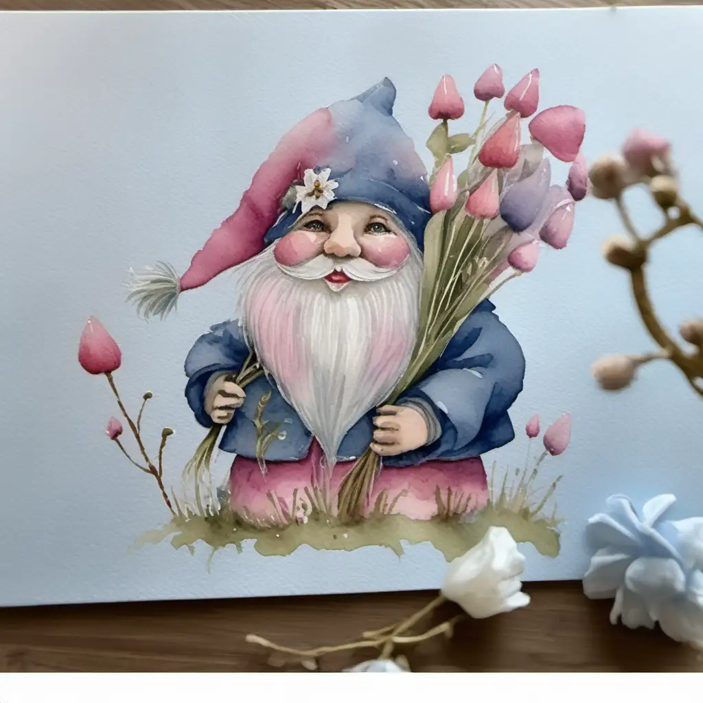Charming Watercolor Scandinavian Gnome in Ducked Blue and Pink Gown with Flowers