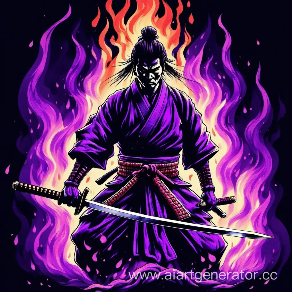 Самурай с мечем, горящий фиолетовым пламенем