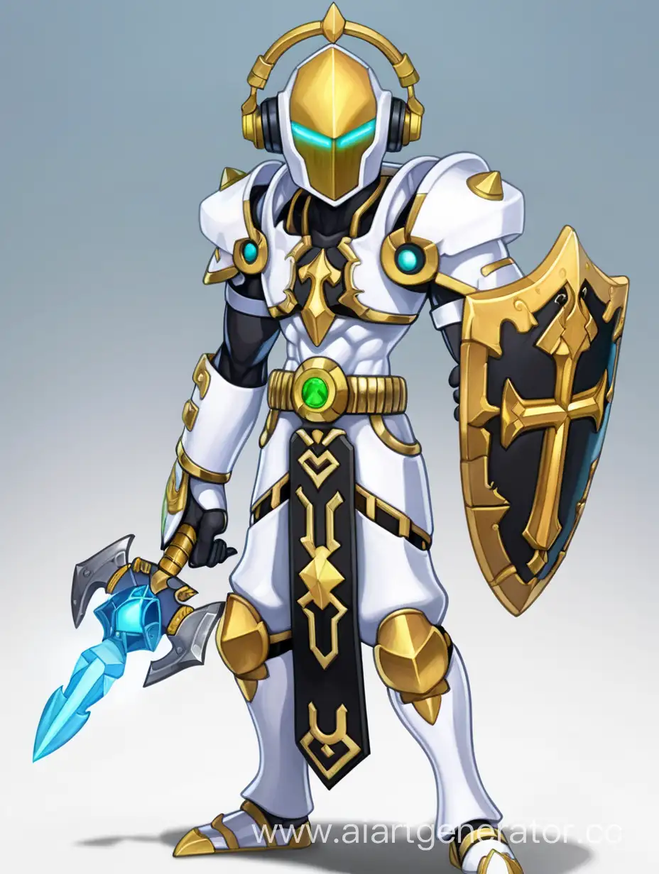 combat android, white body, also on the body is white armor that protects him, white face, yellow eyes, golden hair, black headphones with a built-in microphone, holds the Ankh Shield from Terraria in his hands, small pieces of a broken berquoise chain are fastened on his hands.

